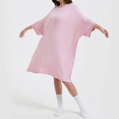 Oversized baby pink bamboo sleep tee with side pockets, one size fits most, featuring heat regulation.