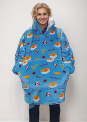 Oversized wearable blanket with poutine print, featuring a roomy hood and extra-large pocket.