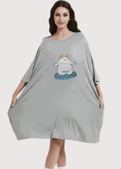 Snuglfit™ Oversized Zen Cat Sleep Tee in gray with cat design, featuring soft bamboo fabric and handy side pockets.