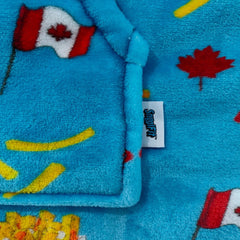 SNUGLFIT™ Hoodie Blanket - Poutine design with Canadian flag and maple leaf print on soft blue fleece.