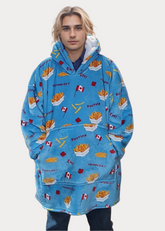 oversized wearable blanket with poutine print and roomy hood