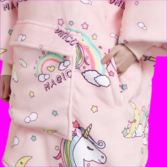 Unicorn-themed SnuglFit™ kids hoodie blanket featuring rainbow and star designs.
