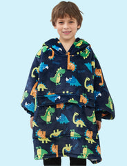 Kids wearing SNUGLFIT™ Hoodie Blanket with dino print, cozy and oversized fit.