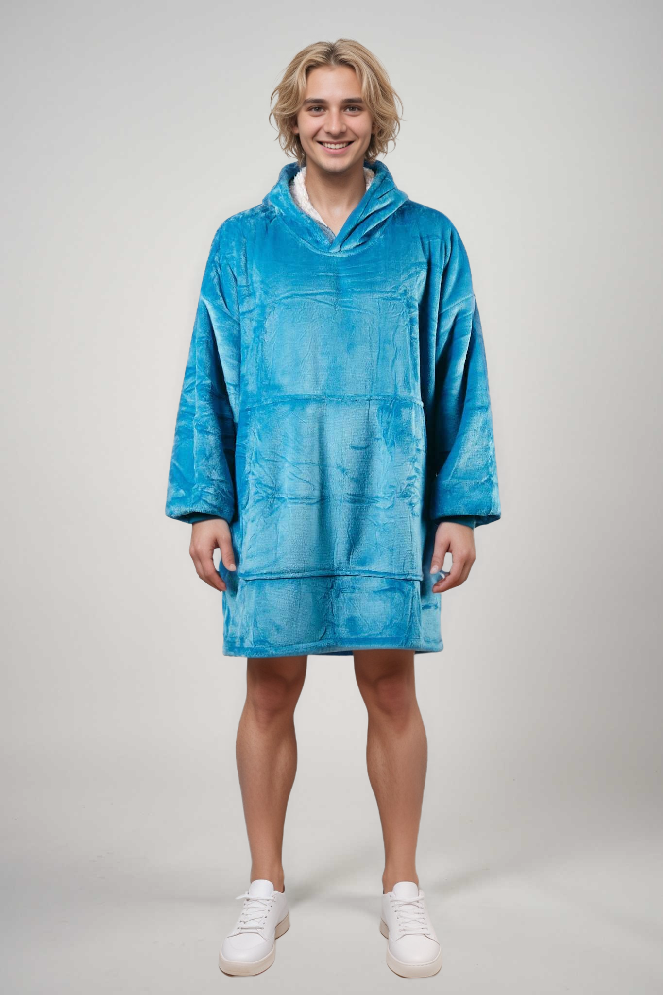 Oversized turquoise blue wearable blanket hoodie for ultimate comfort.