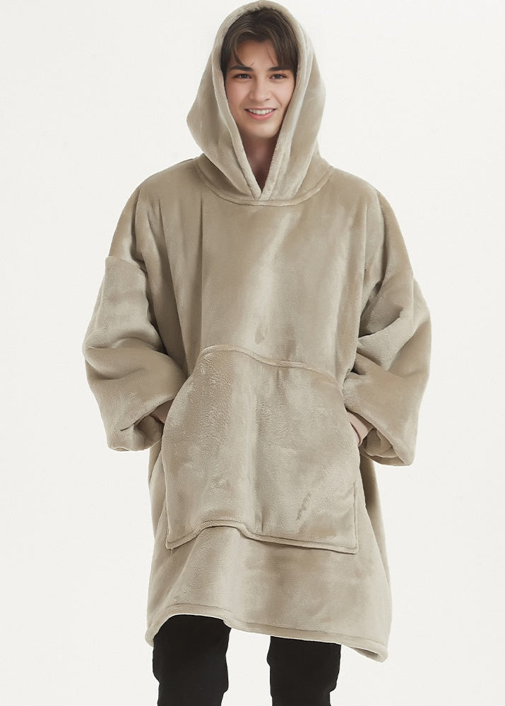Khaki SnuglFit™ hoodie blanket, oversized wearable with plush Sherpa interior and large pocket for comfort and warmth.