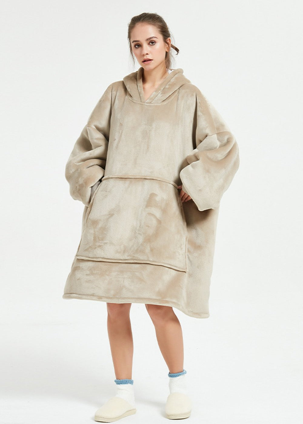 Khaki SnuglFit™ hoodie blanket, oversized wearable plush Sherpa fleece for comfort and warmth.