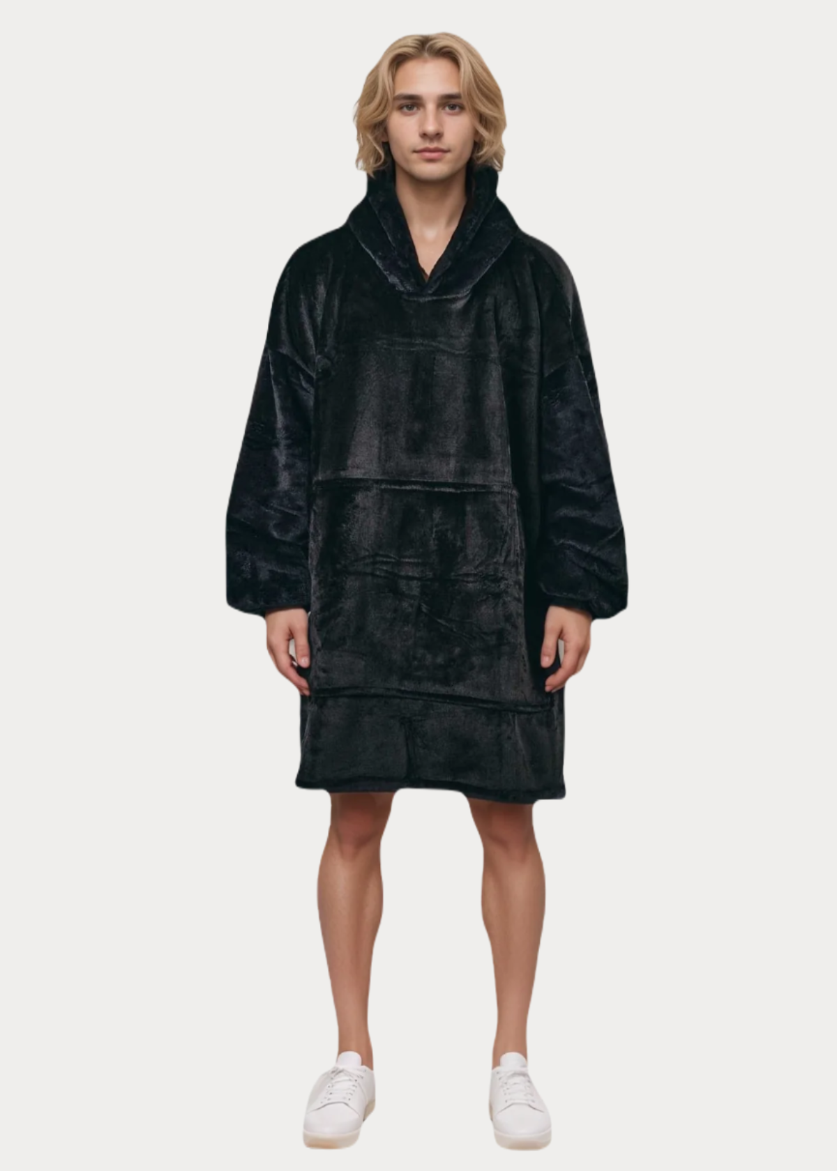 Midnight Black SnuglFit™ Hoodie Blanket, plush oversized wearable blanket with roomy hood and pocket.