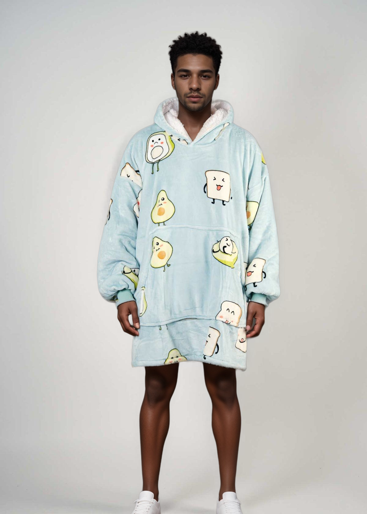 SNUGLFIT™ Hoodie Blanket - Avocado design modeled, showcasing oversized fit and soft Sherpa fleece material for cozy warmth.