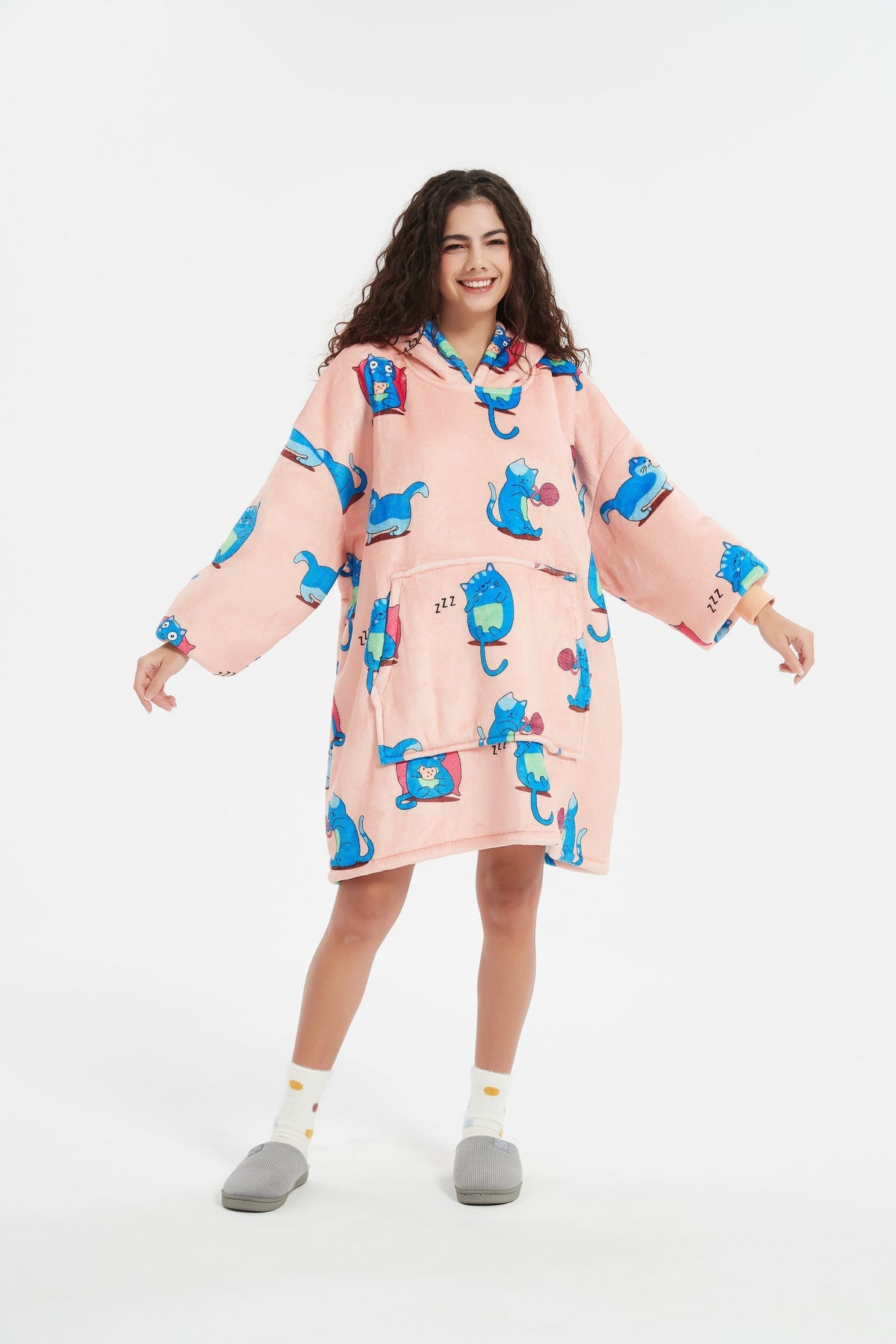 SNUGLFIT™ Hoodie Blanket - Blue Cat design, oversized wearable blanket for cozy comfort and style.