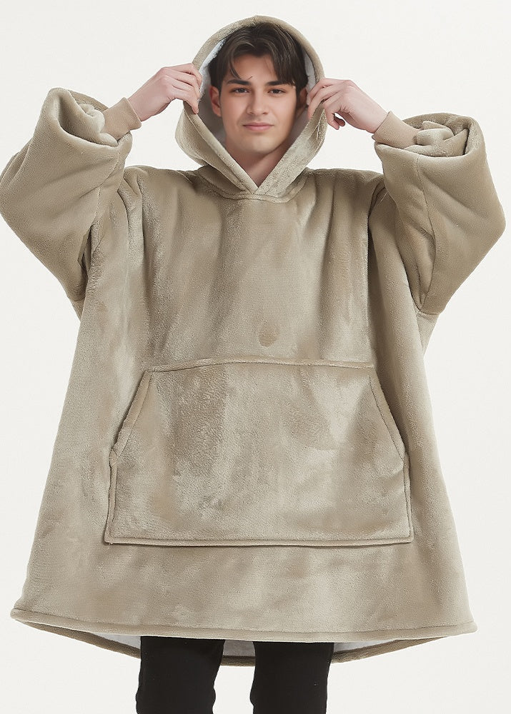 Khaki SnuglFit™ hoodie blanket, oversized wearable comfort, sherpa fleece interior, roomy hood.
