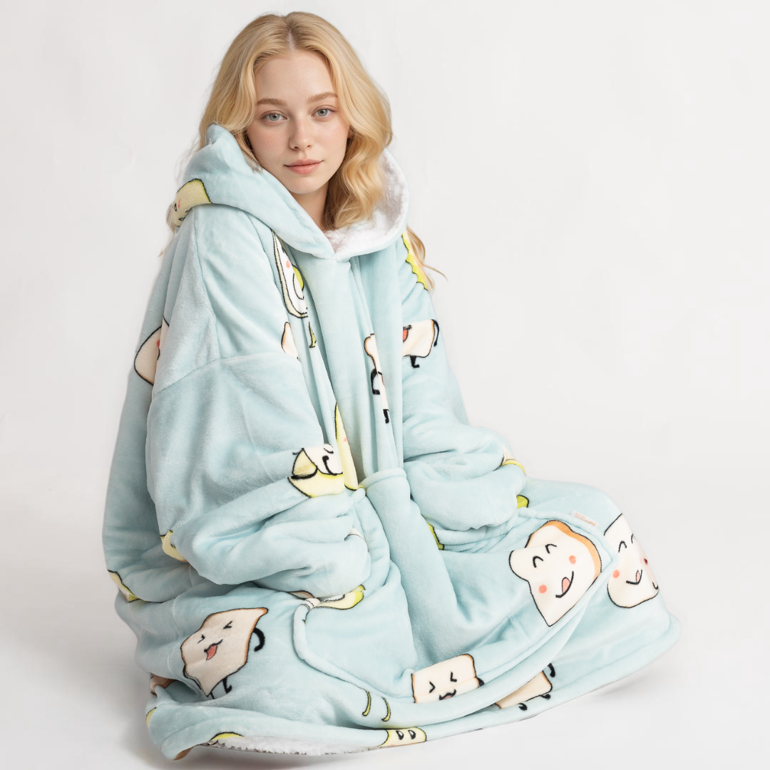 SNUGLFIT™ Hoodie Blanket in Avocado print, featuring plush Sherpa fleece interior for warmth and comfort.