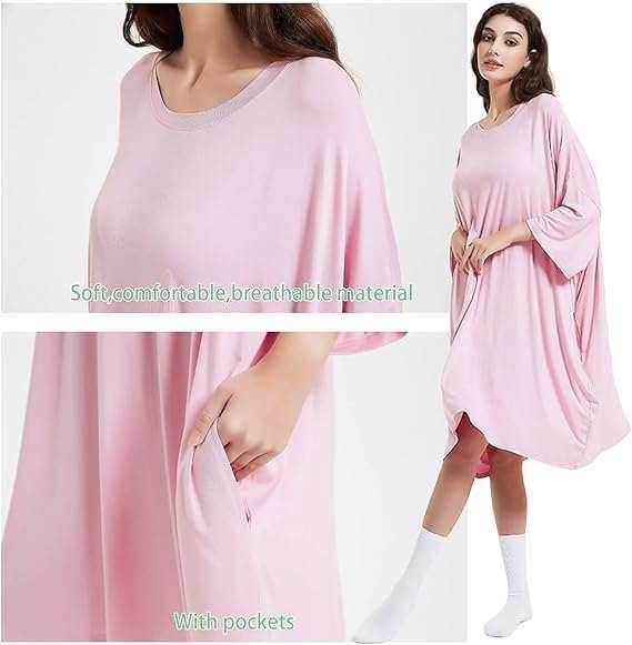 Snuglfit™ oversized baby pink sleep tee with pockets, soft breathable bamboo fabric.