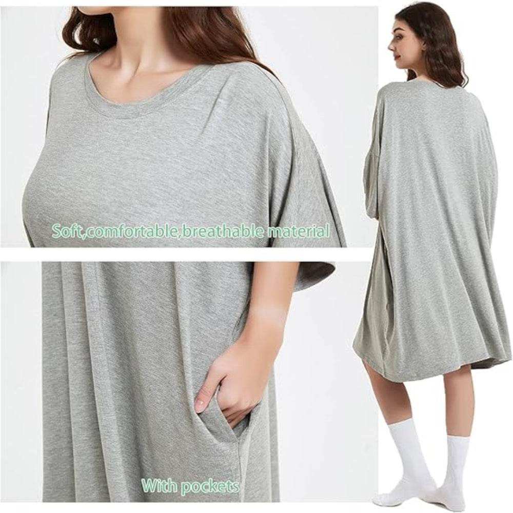 Oversized Zen Cat Sleep Tee with side pockets in soft, breathable bamboo fabric.