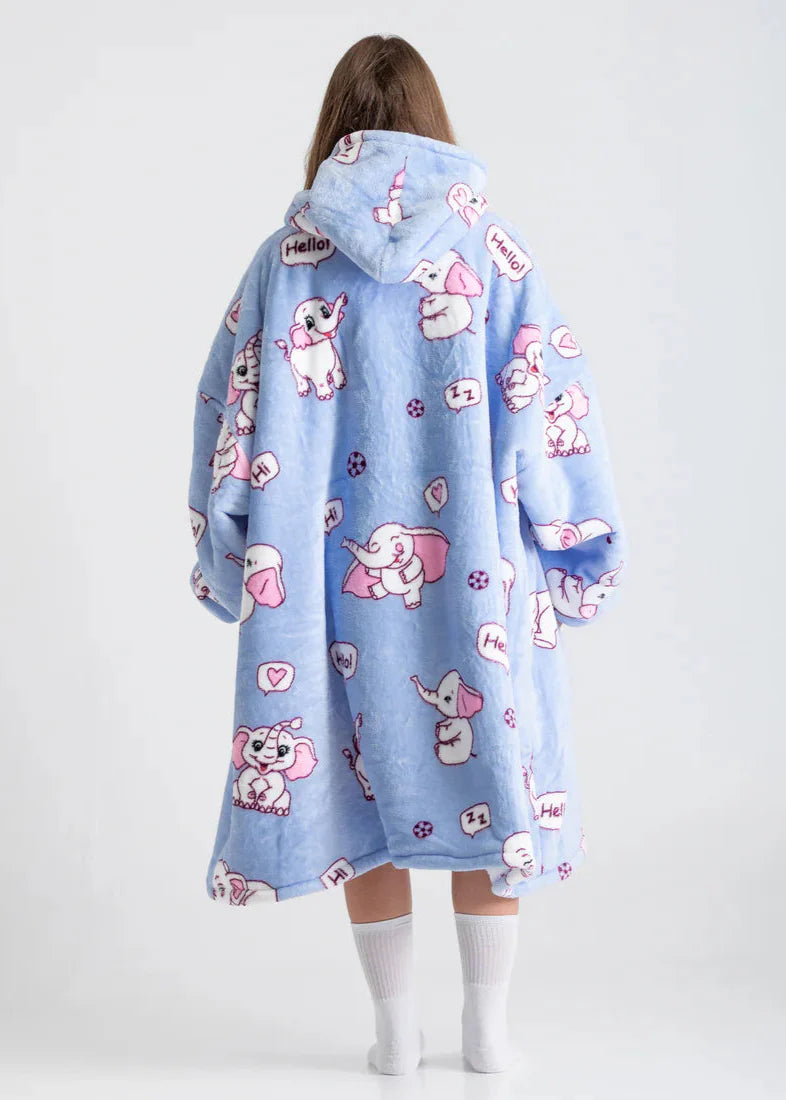 SNUGLFIT™ Hoodie Blanket - Elephant design with plush Sherpa fleece interior, oversized wearable comfort.