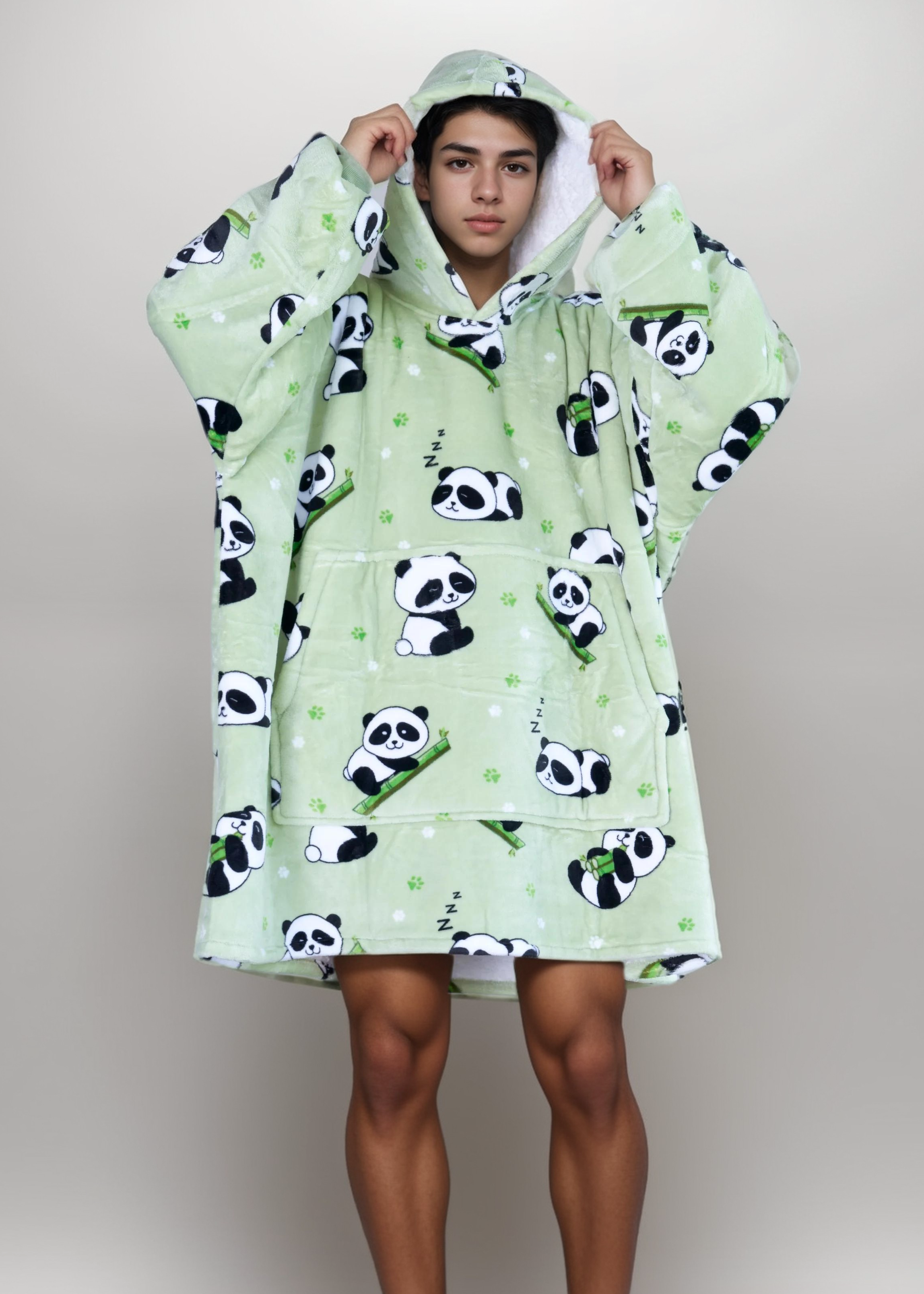 SNUGLFIT™ Hoodie Blanket in Panda print, cozy wearable blanket with plush Sherpa fleece, oversized comfort, and eco-friendly design.