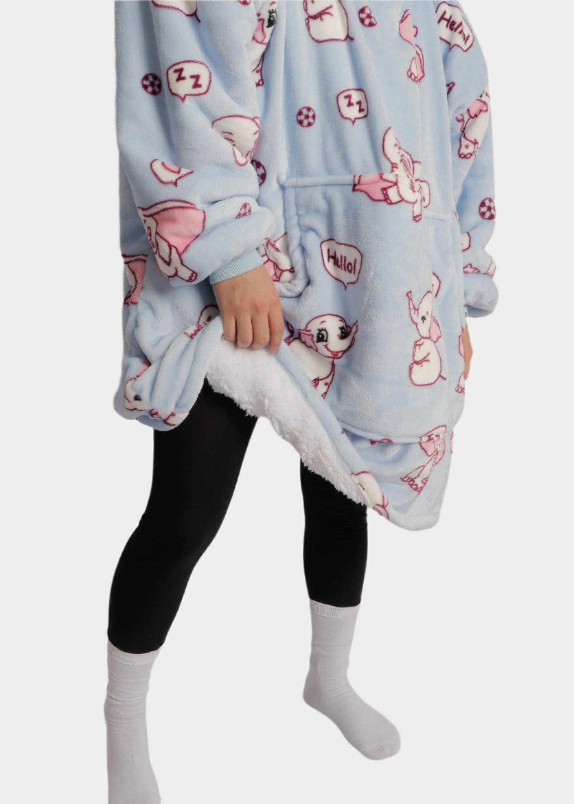 SNUGLFIT™ Elephant Hoodie Blanket, oversized wearable blanket, plush Sherpa fleece interior, stylish and warm, blue color with elephant print.