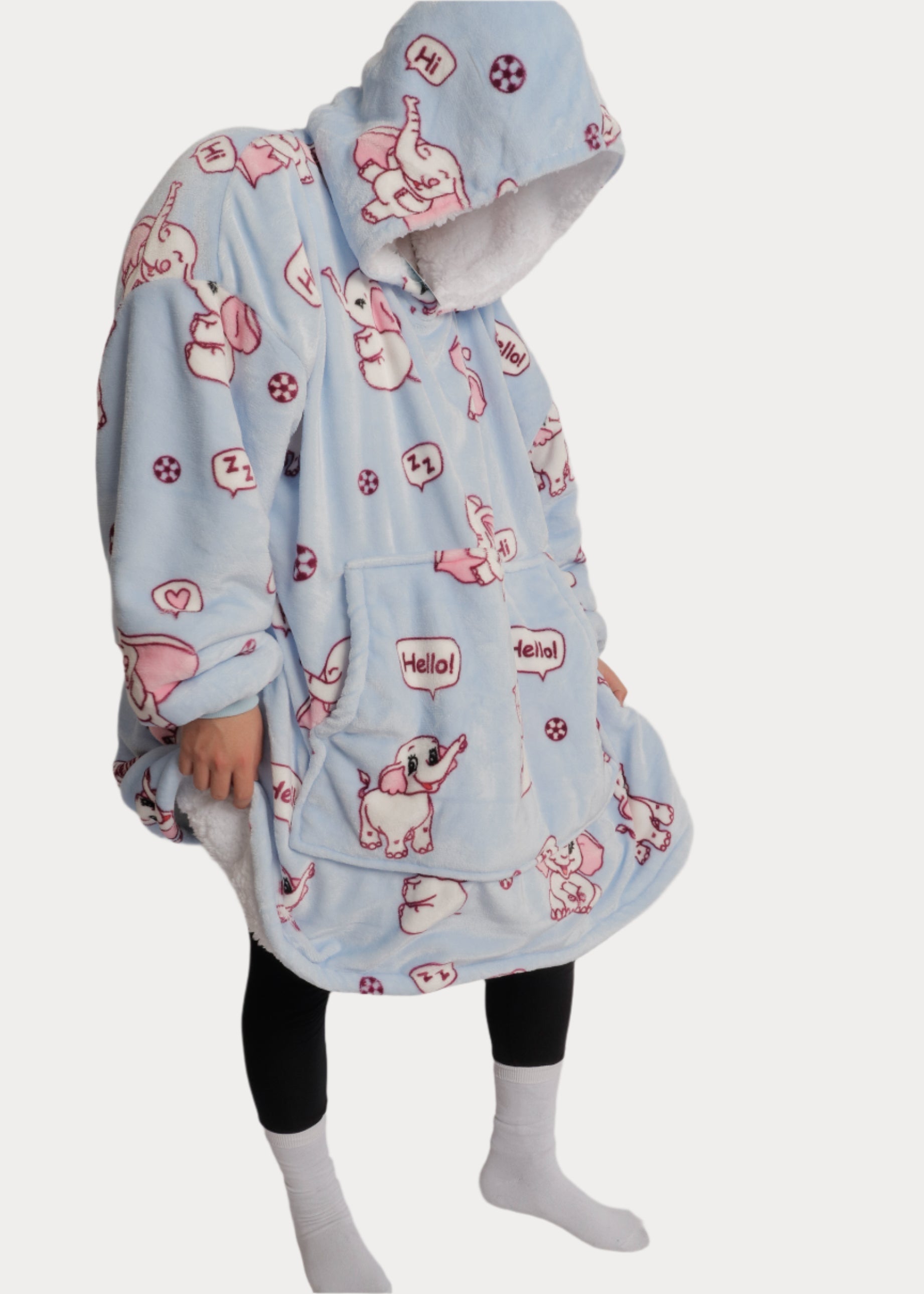 SNUGLFIT™ Hoodie Blanket with Elephant design, plush Sherpa fleece, oversized comfort.