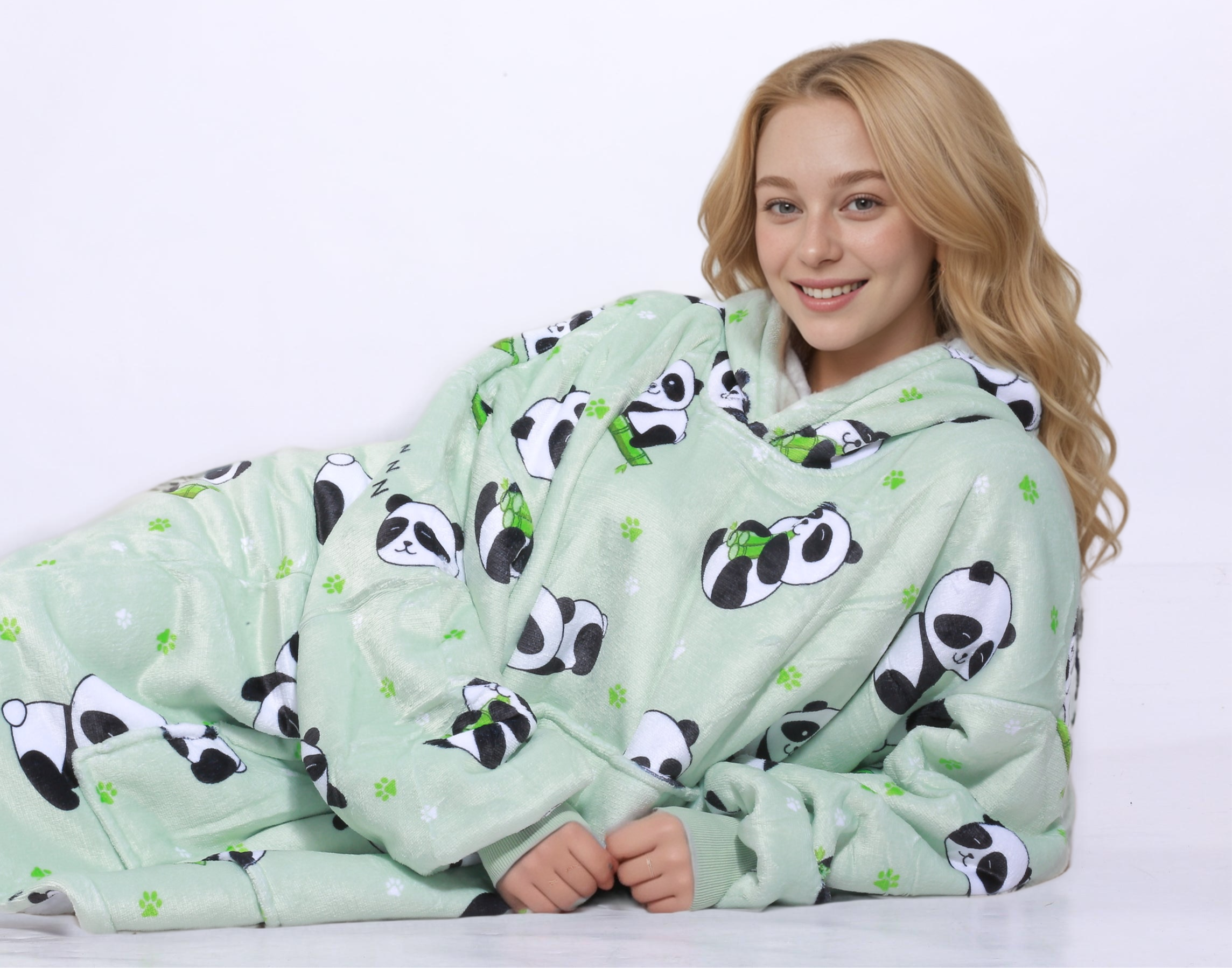 SNUGLFIT™ Hoodie Blanket - Panda design, cozy wearable blanket with Sherpa fleece.