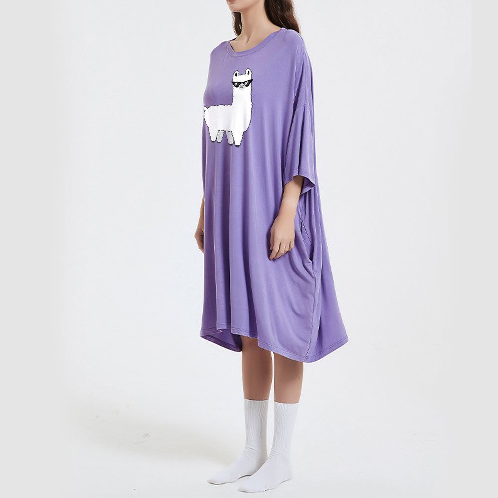 Oversized lavender purple sleep tee with llama design, bamboo fabric.