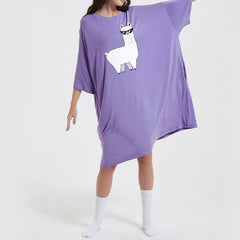 Oversized lavender purple llama sleep tee with heat-regulating bamboo fabric.