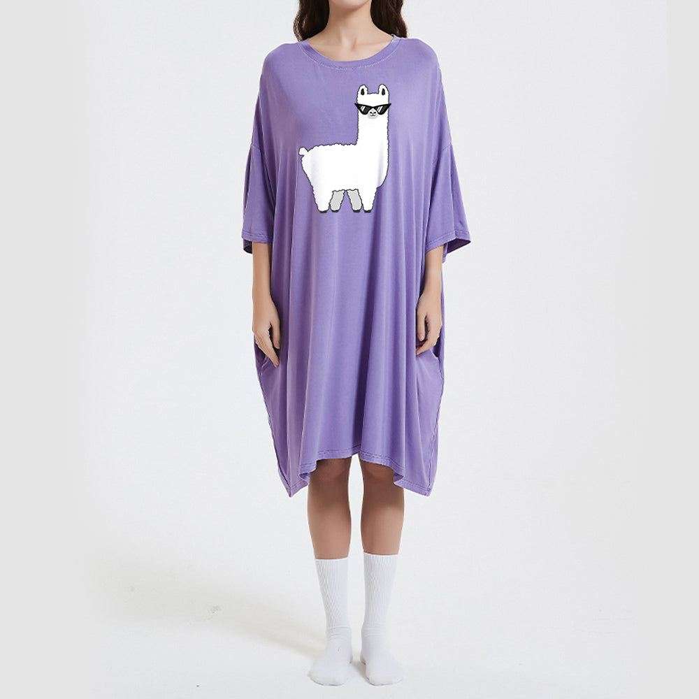 Oversized lavender purple lama sleep tee with heat-regulating bamboo fabric and two side pockets.