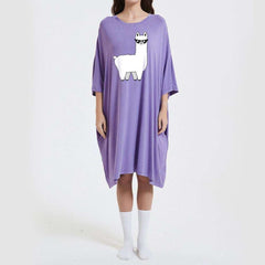 Oversized lavender purple lama sleep tee with heat-regulating bamboo fabric and two side pockets.