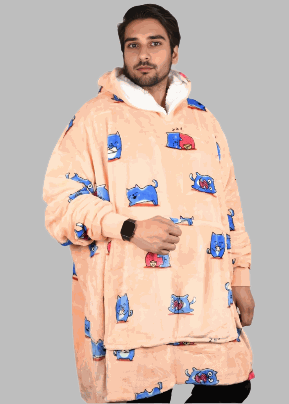 SNUGLFIT™ Hoodie Blanket - Blue Cat design, wearable blanket, plush comfort.