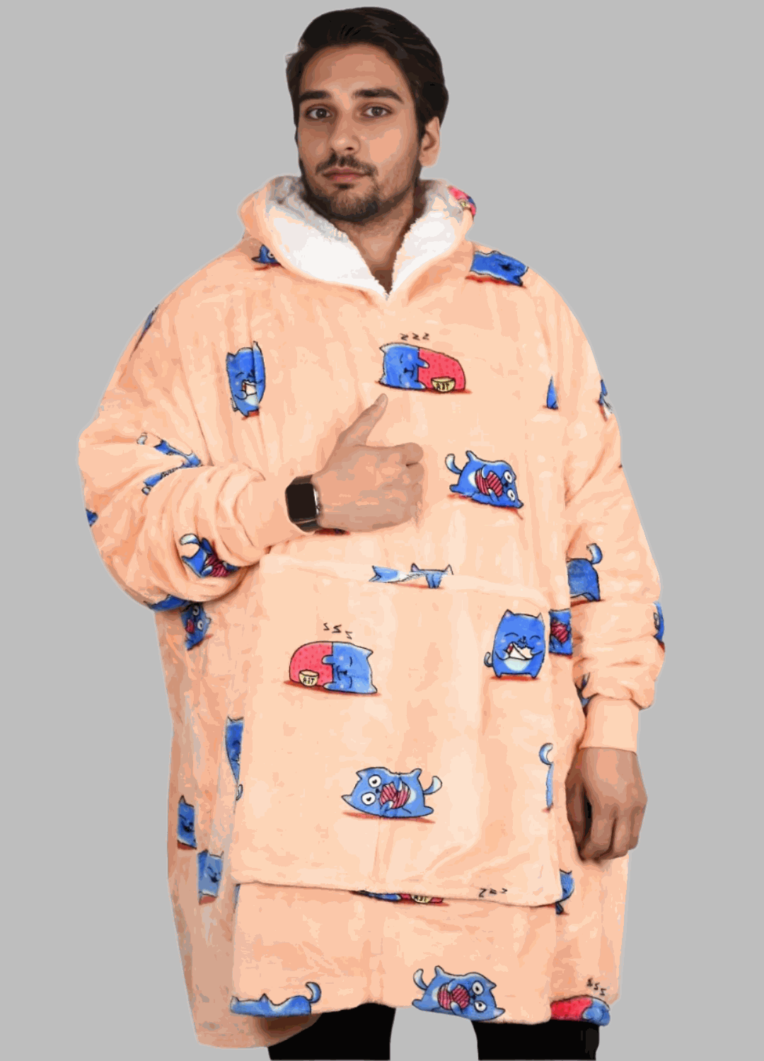 SNUGLFIT™ Hoodie Blanket in Blue Cat design worn by a person, showcasing oversized comfort and stylish look.
