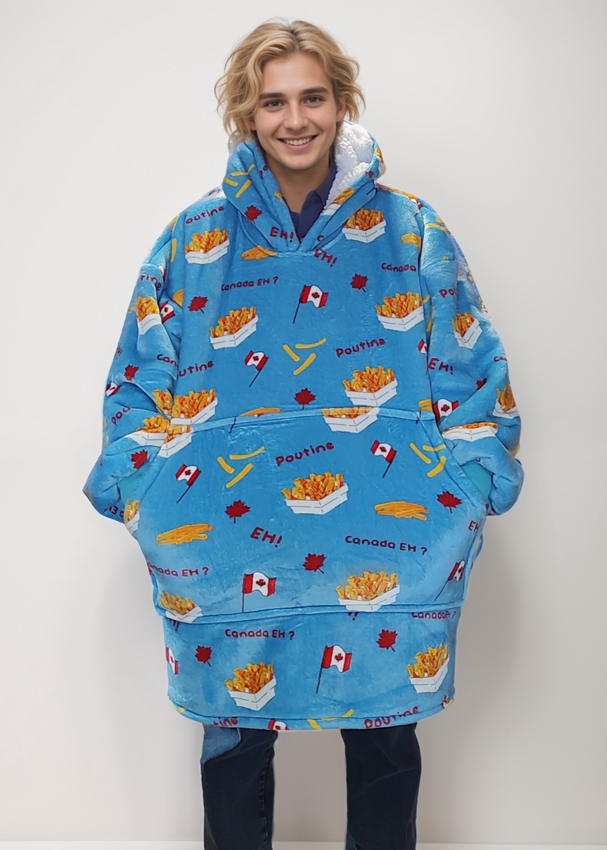 Oversized wearable blanket with poutine print, featuring a roomy hood and extra-large pocket.