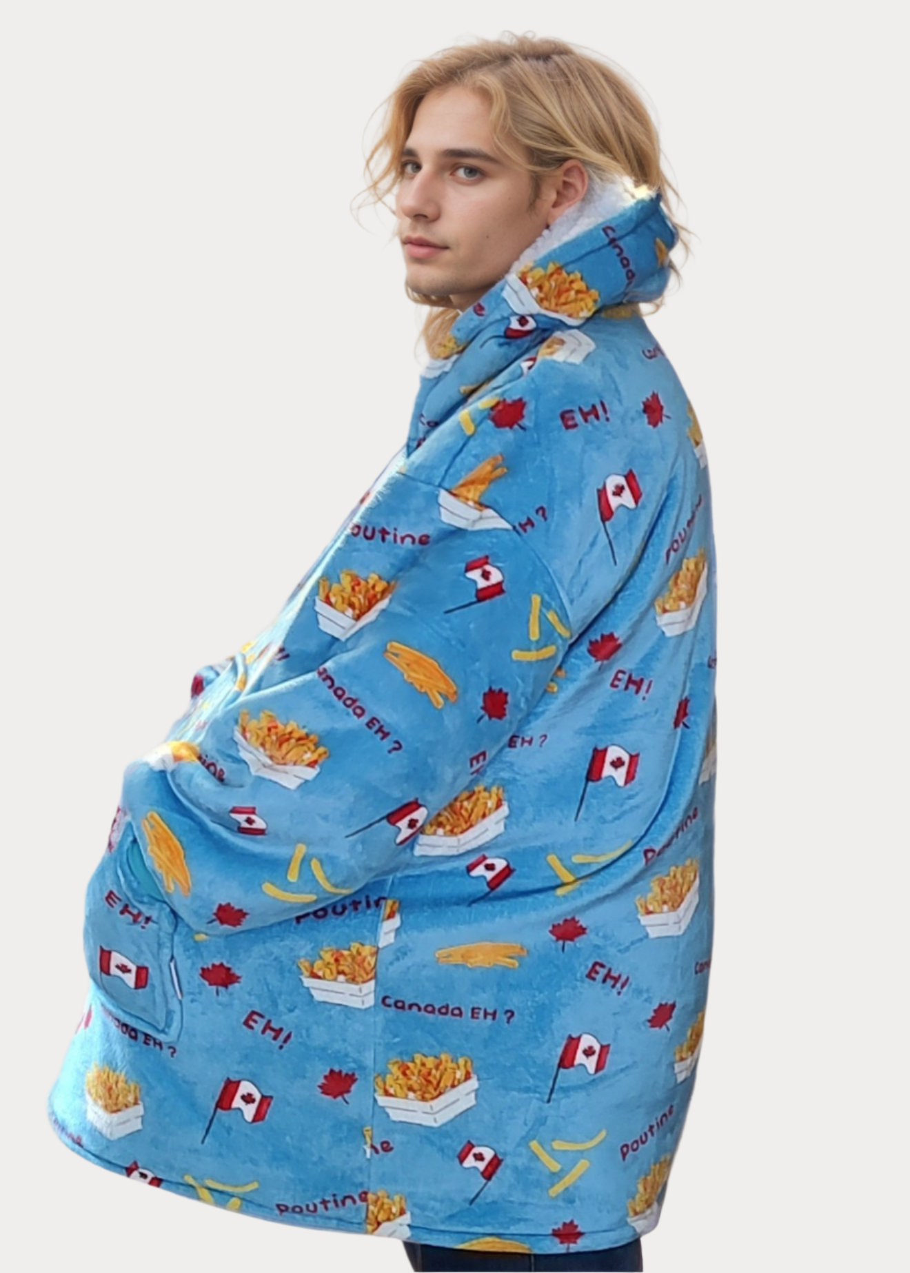 Oversized wearable blanket with Canadian poutine print, showcasing warmth and comfort.