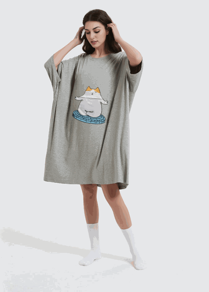 Snuglfit™ Oversized Zen Cat Sleep Tee in gray with cat graphic, bamboo fabric, one size fits most.