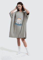Snuglfit™ Oversized Zen Cat Sleep Tee in gray with cat graphic, bamboo fabric, one size fits most.