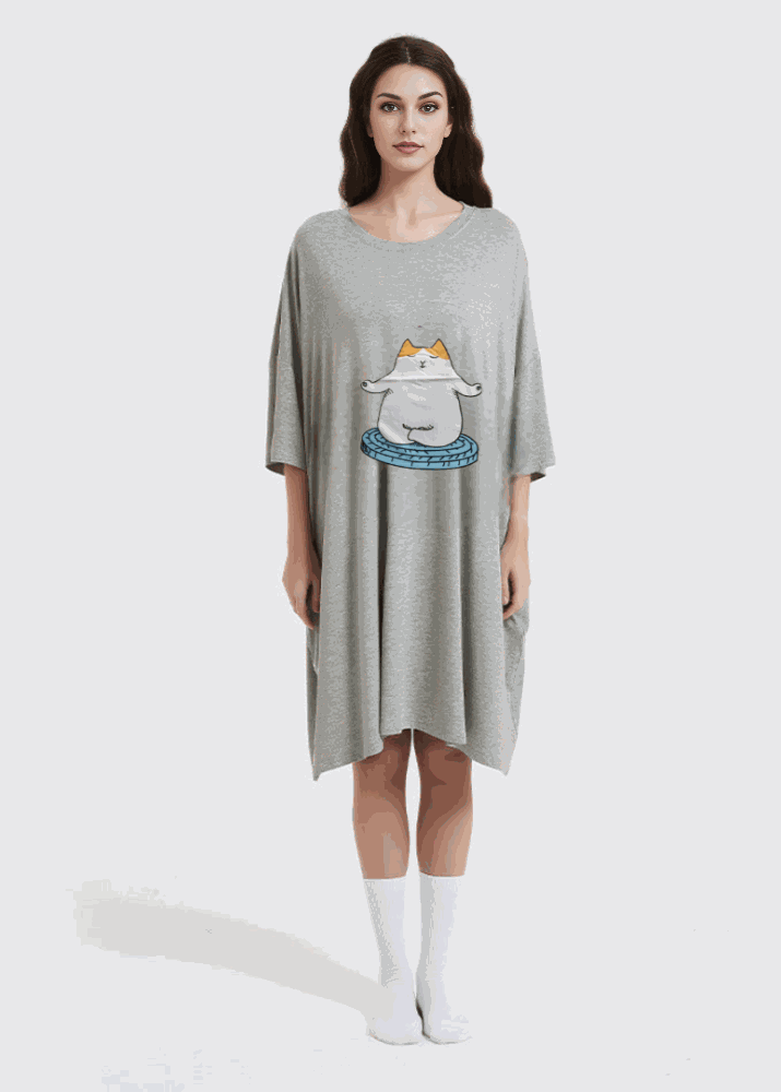 Snuglfit™ Oversized Zen Cat Sleep Tee in bamboo fabric with cat design, one size fits most.