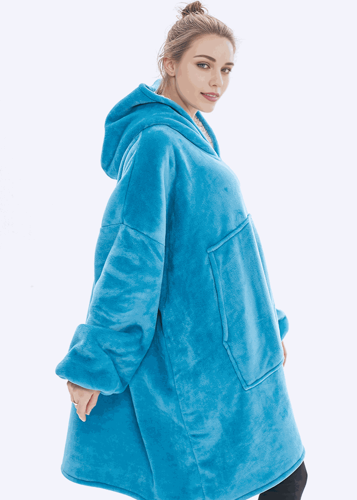 Turquoise blue SNUGLFIT™ Hoodie Blanket, oversized wearable blanket with plush Sherpa interior.