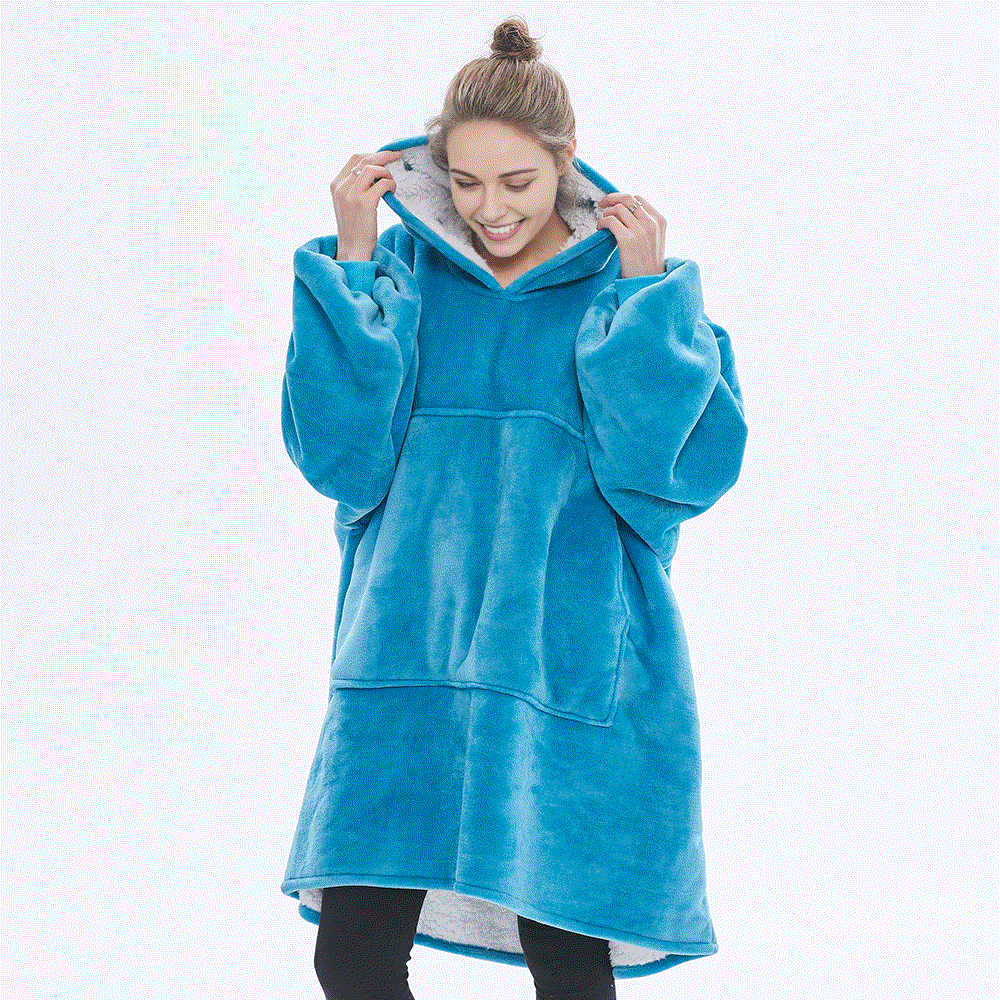 SNUGLFIT™ Hoodie Blanket in Turquoise Blue, stylish oversized wearable blanket with plush Sherpa fleece and SnuglTek™ flannel exterior.