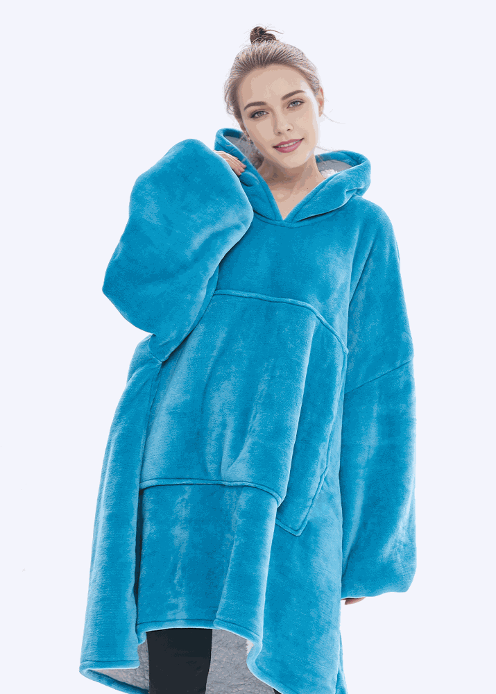 SNUGLFIT™ Hoodie Blanket in turquoise blue, featuring oversized cozy design with plush Sherpa fleece and roomy hood.