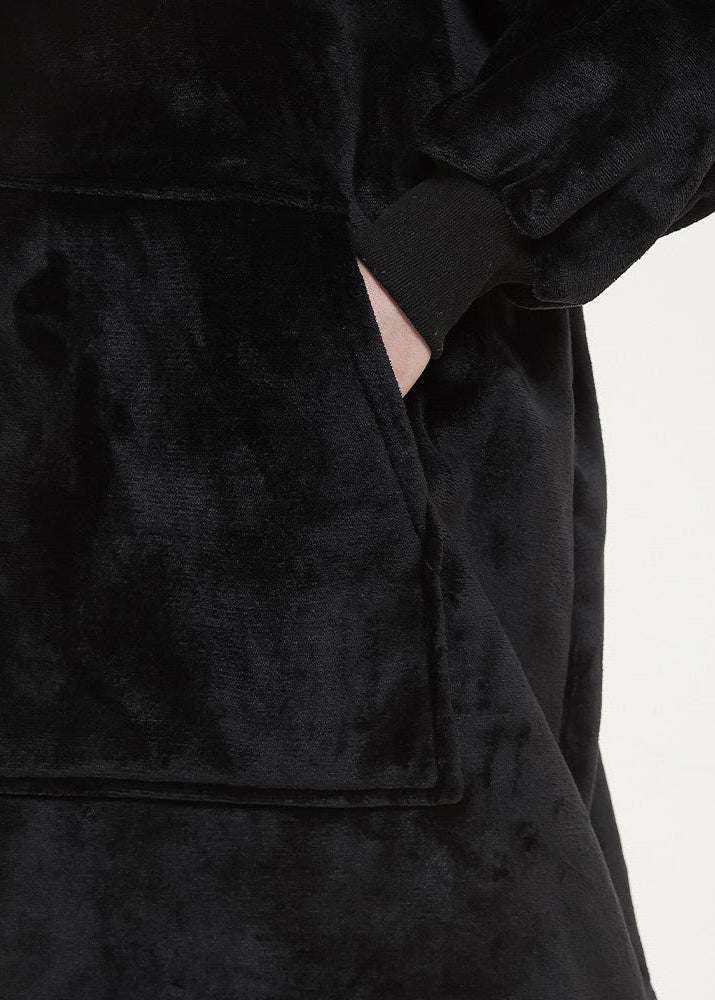 SNUGLFIT™ Hoodie Blanket in Midnight Black showing plush exterior and large pocket.