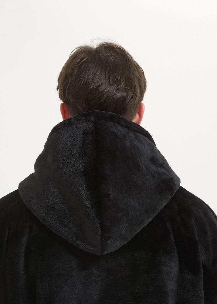 SNUGLFIT™ Hoodie Blanket in Midnight Black, showing back view with roomy hood.