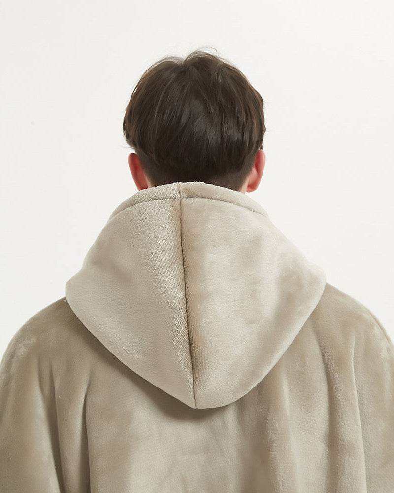 Cozy SnuglFit™ Hoodie Blanket in Khaki with plush Sherpa fleece interior.