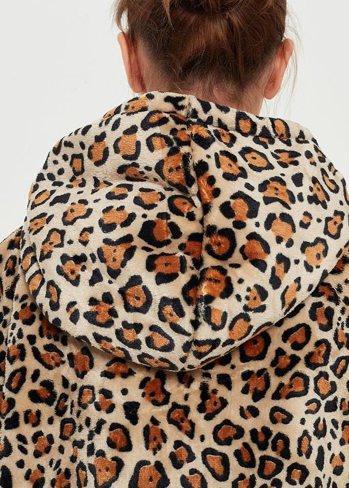 Leopard print SnuglFit™ hoodie blanket with plush Sherpa lining.