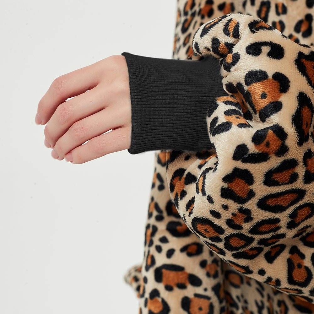 Leopard print SnuglFit™ hoodie blanket with plush comfort and style.