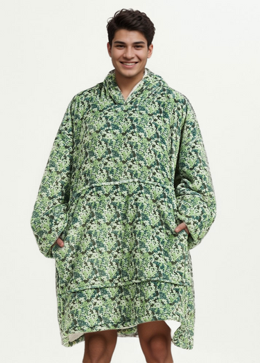 Camouflage SnuglFit™ hooded blanket providing warmth and comfort.