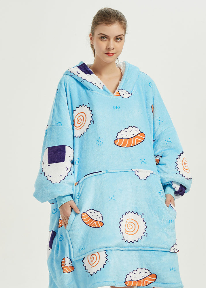SNUGLFIT™ Hoodie Blanket Shushi design, cozy wearable blanket with sushi print, oversized and plush fleece.