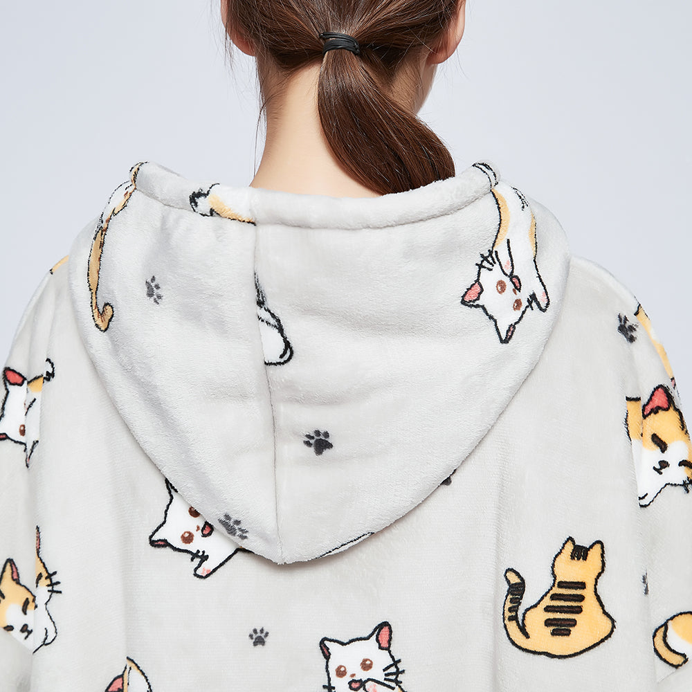 SNUGLFIT™ Hoodie Blanket with kitten print, plush Sherpa fleece fabric, oversized cozy wearable blanket.
