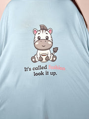 Oversized zebra print sleep tee in blue with cute zebra graphic and "It's called fashion, look it up" text.