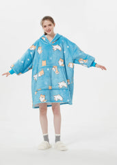Oversized SnuglFit™ hoodie blanket with Shiba Inu print, featuring a plush Sherpa fleece interior for cozy comfort.
