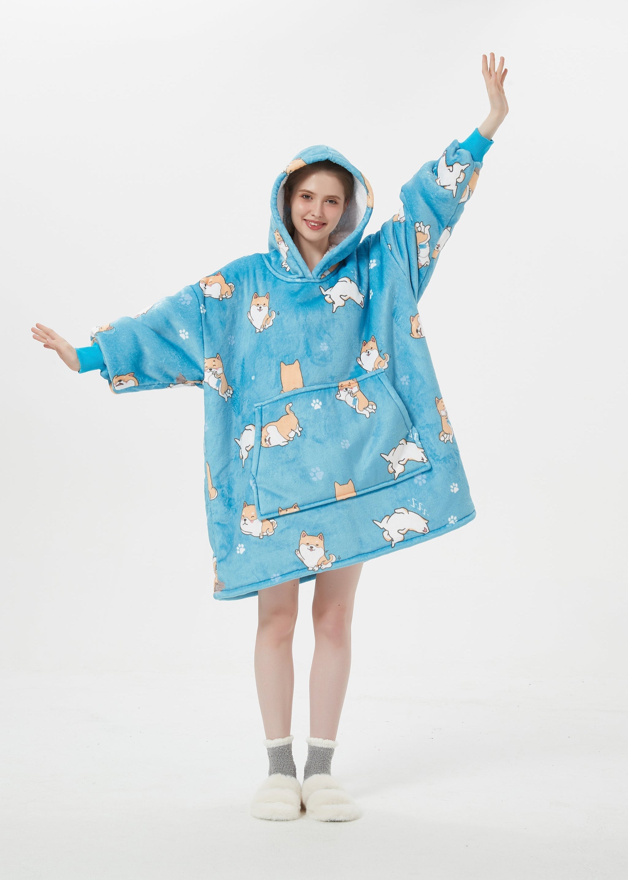 SNUGLFIT™ Hoodie Blanket with Shiba Inu dog print, cozy oversized wearable hoodie for warmth and comfort.