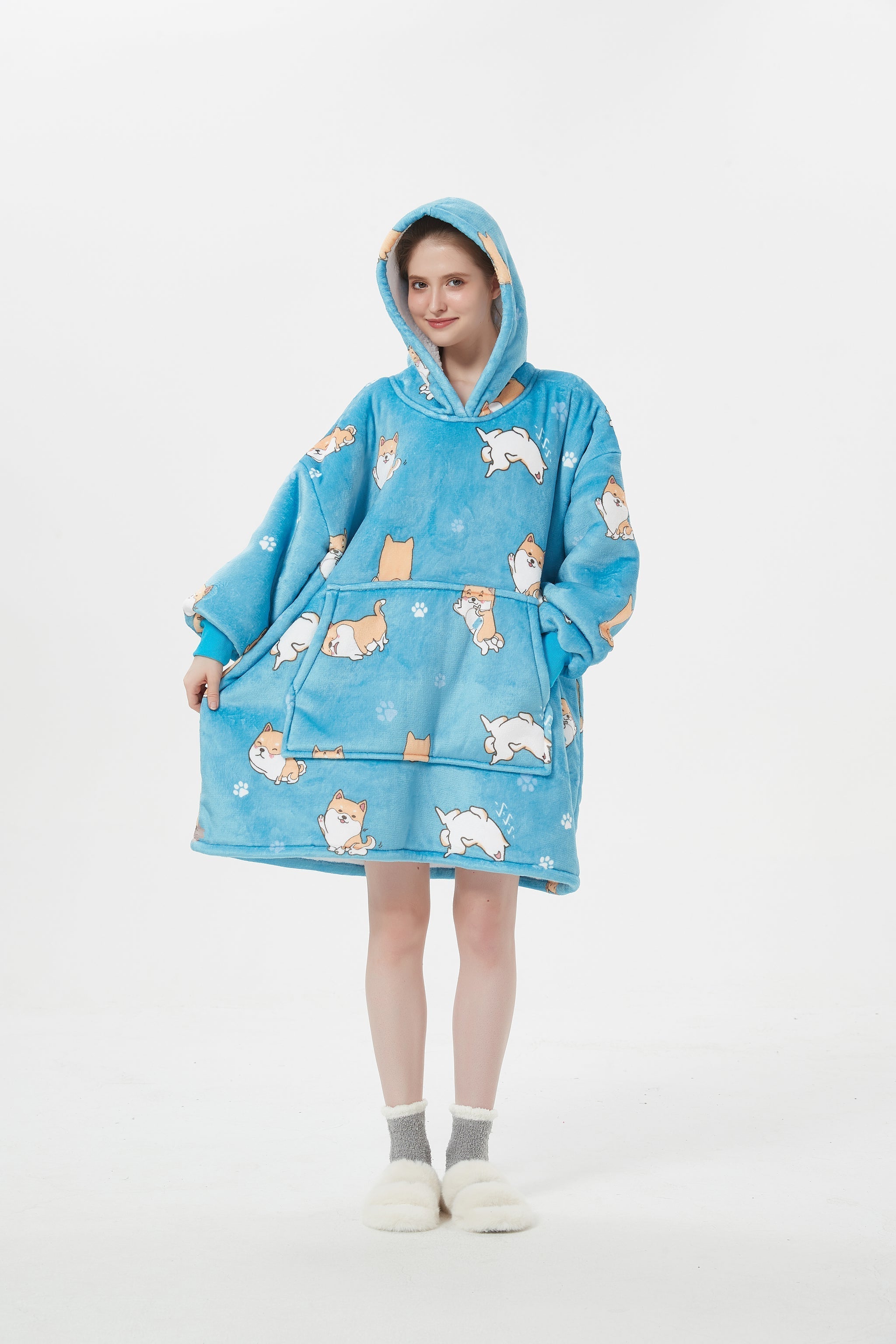SNUGLFIT™ Hoodie Blanket with Shiba Inu dogs print, plush Sherpa fleece lining, oversized comfort.