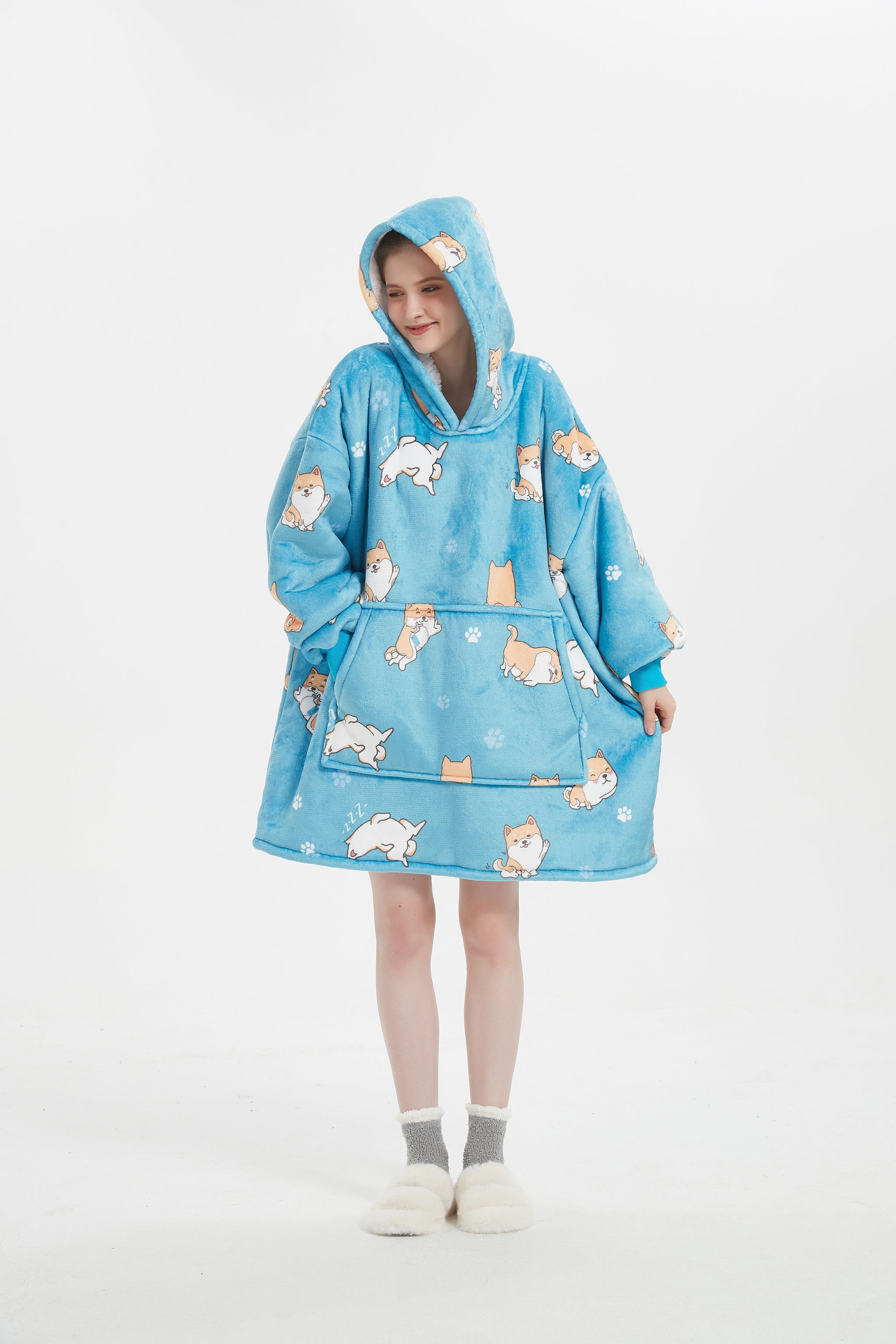 SNUGLFIT™ Hoodie Blanket with Shi Bu Inu Dog Print - Cozy Wearable Blanket for Adults