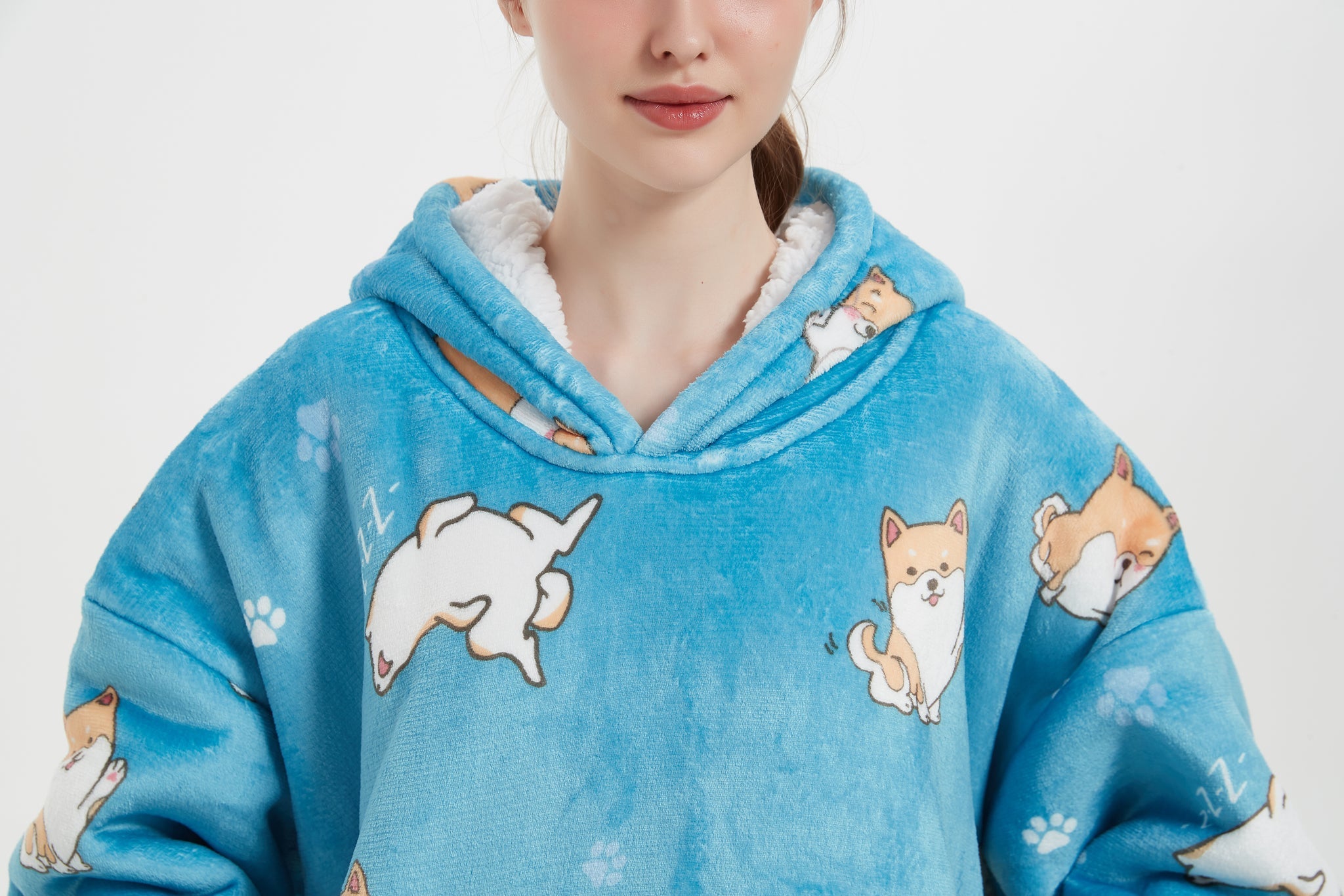 SNUGLFIT™ Hoodie Blanket with Shi Bu Inu Dog print, oversized and plush for ultimate comfort.
